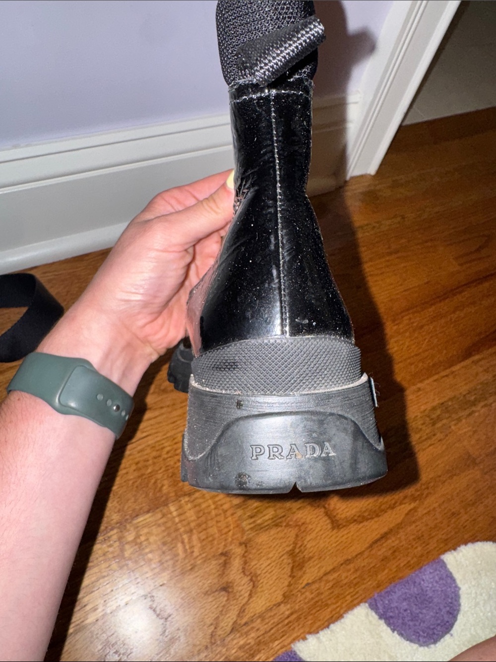 Prada Black Patent Leather Lug-Sole Ankle Boot